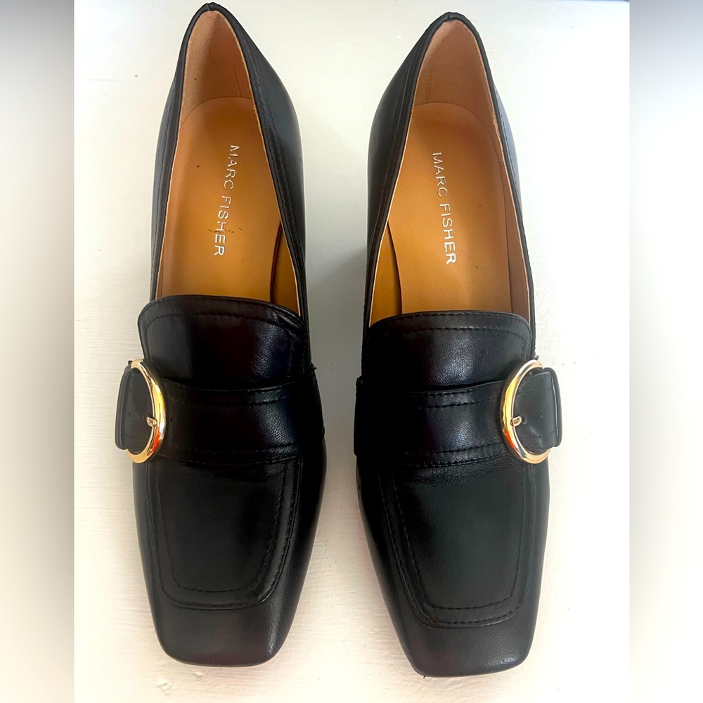 Marc Fisher Oralin Black Leather Buckle Loafer Pump Heels Sz 6